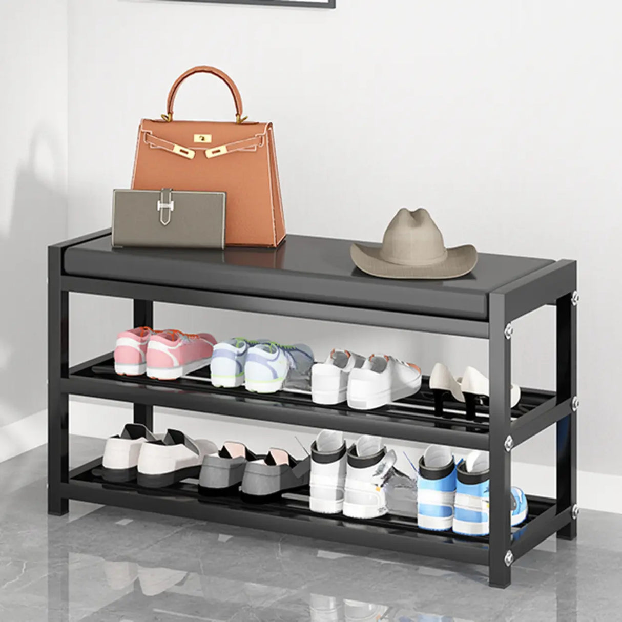 Black Freestanding Organizer Bench Metal Entryway Shoe Rack Image - 5