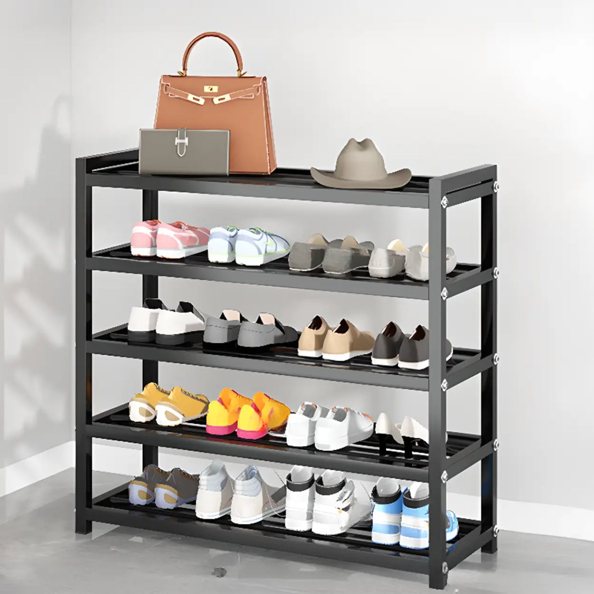 Black Freestanding Organizer Bench Metal Entryway Shoe Rack Image - 6