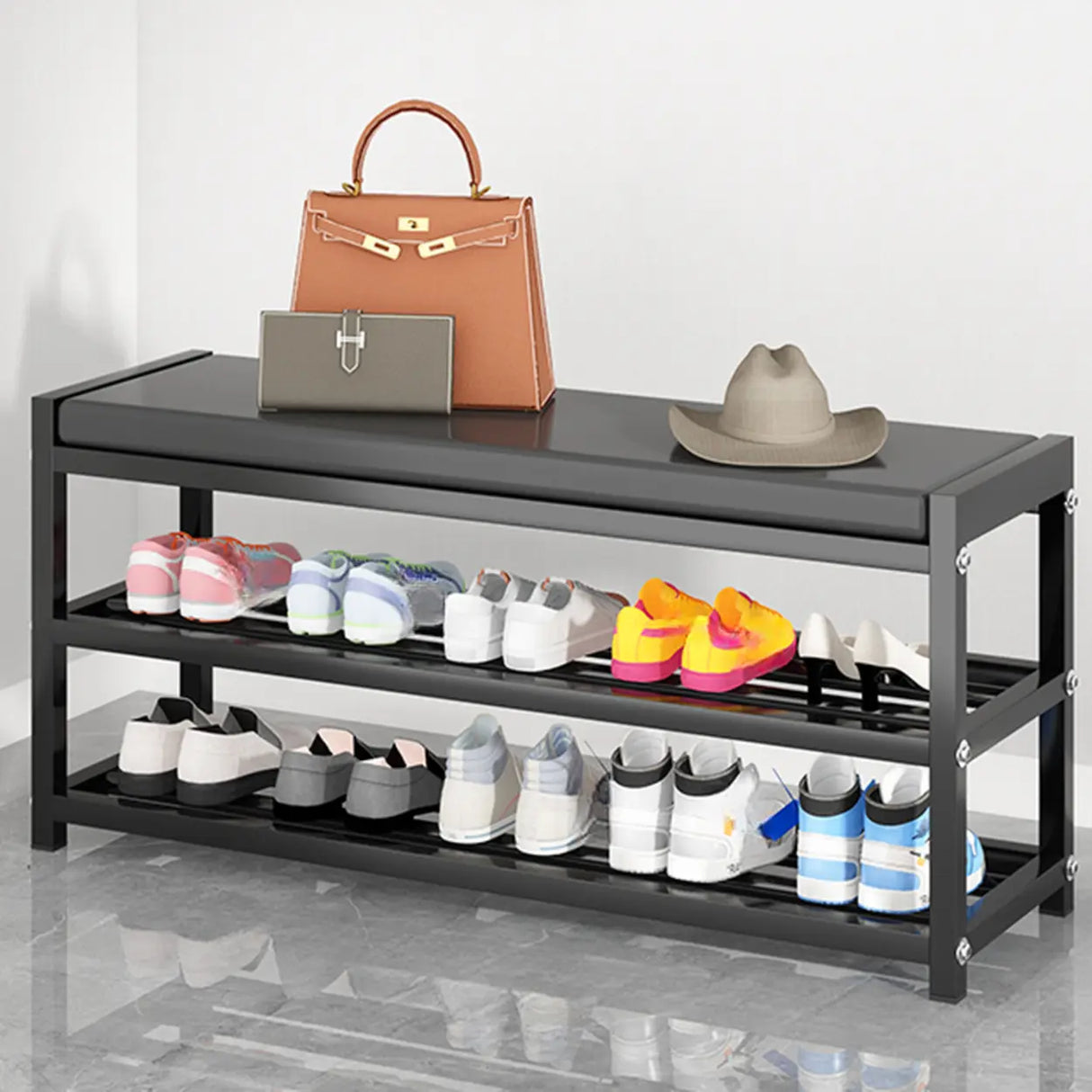 Black Freestanding Organizer Bench Metal Entryway Shoe Rack Image - 7