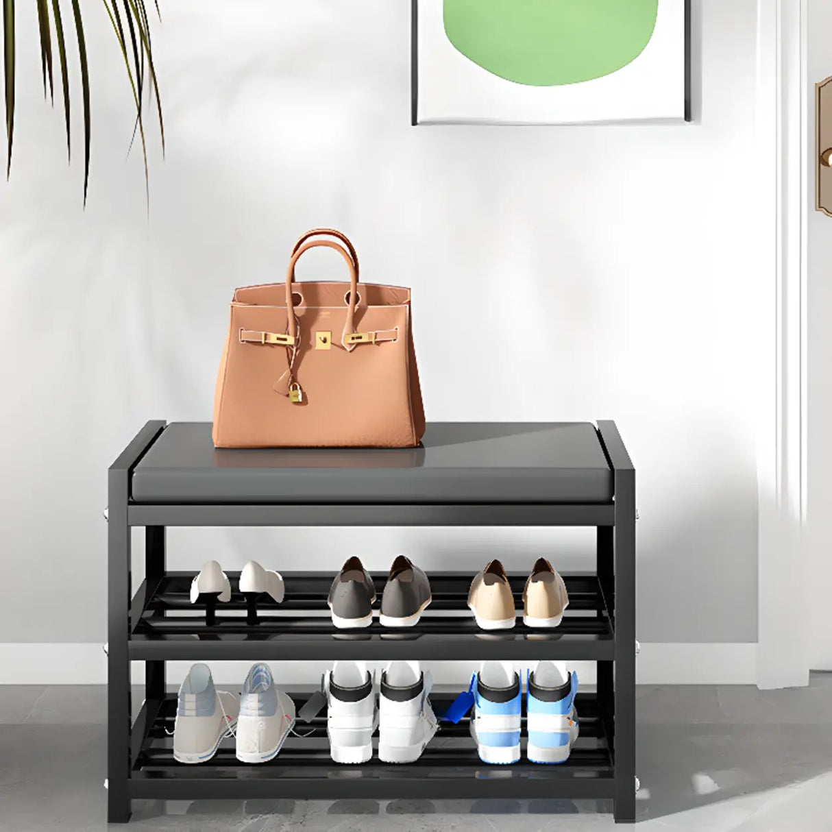 Black Freestanding Organizer Bench Metal Entryway Shoe Rack Image - 8