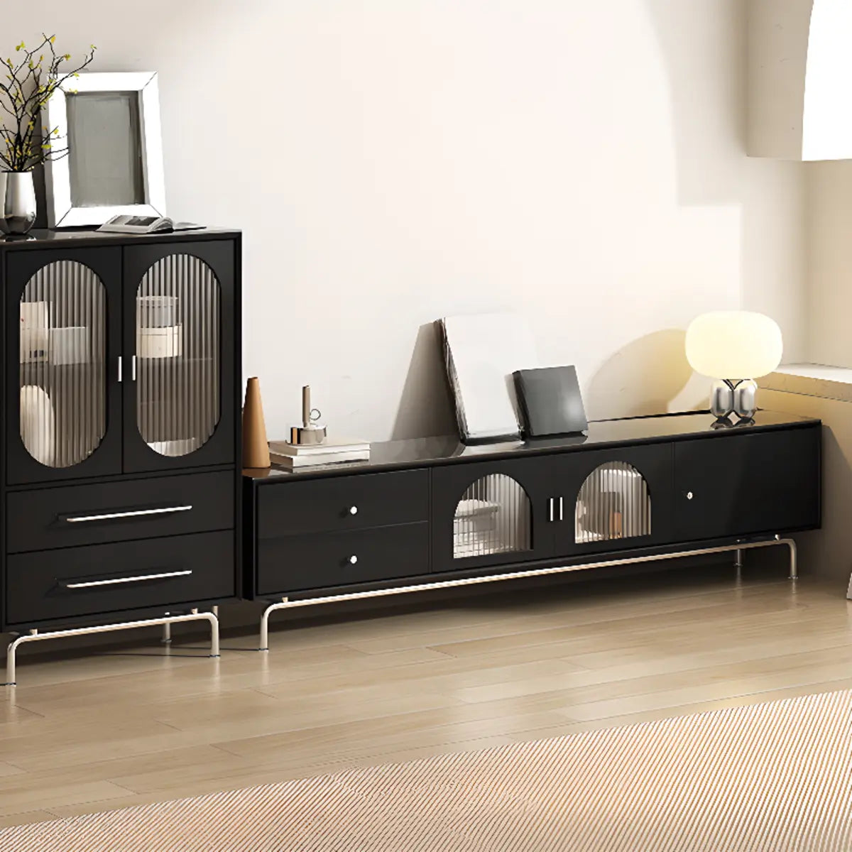 Black Glass Cabinet Drawers Rectangular TV Stand Image - 2