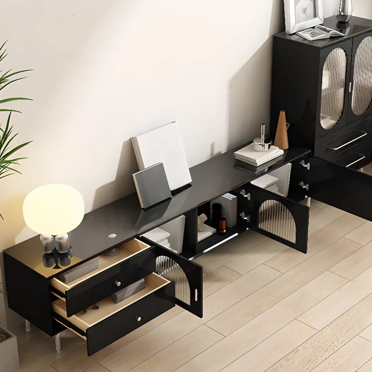 Black Glass Cabinet Drawers Rectangular TV Stand Image - 3