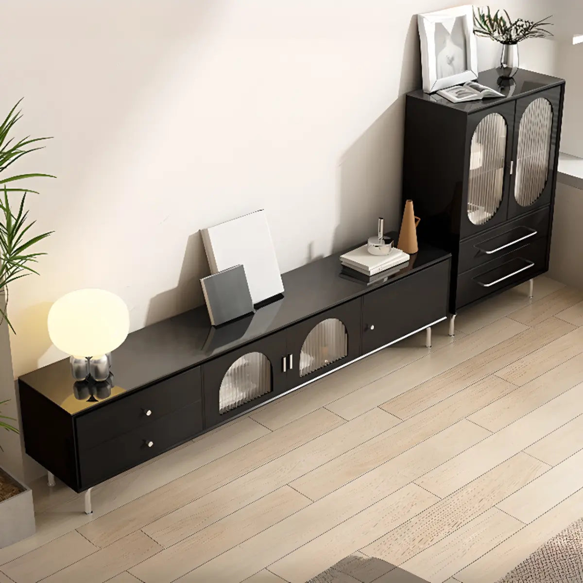 Black Glass Cabinet Drawers Rectangular TV Stand Image - 4