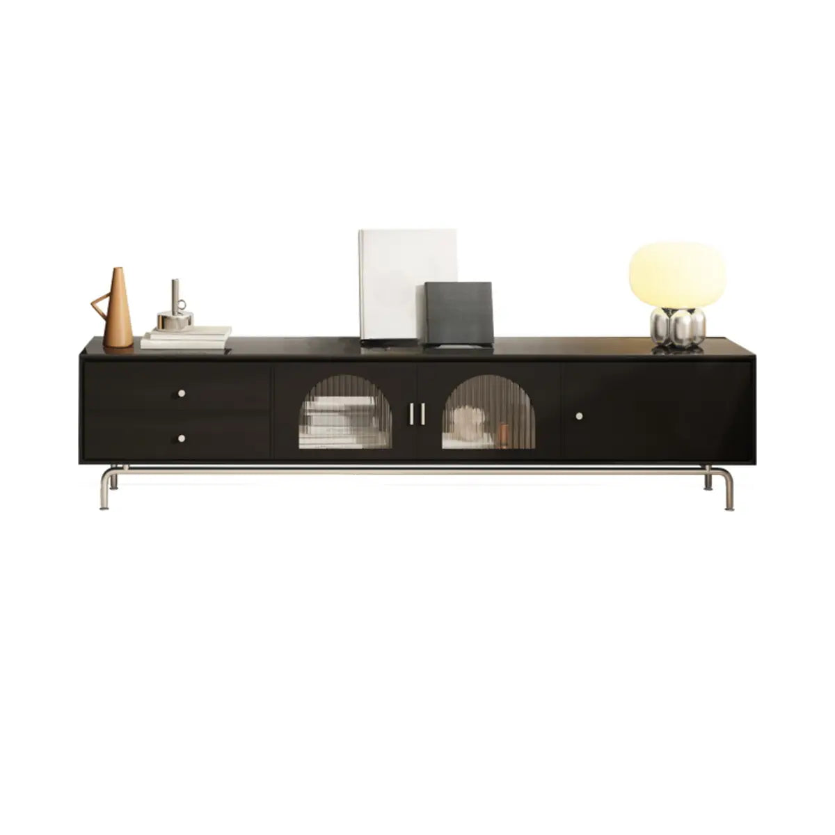 Black Glass Cabinet Drawers Rectangular TV Stand Image - 5
