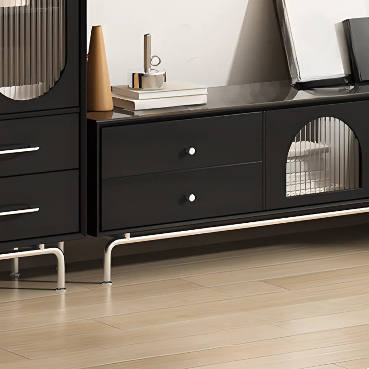Black Glass Cabinet Drawers Rectangular TV Stand Image - 6