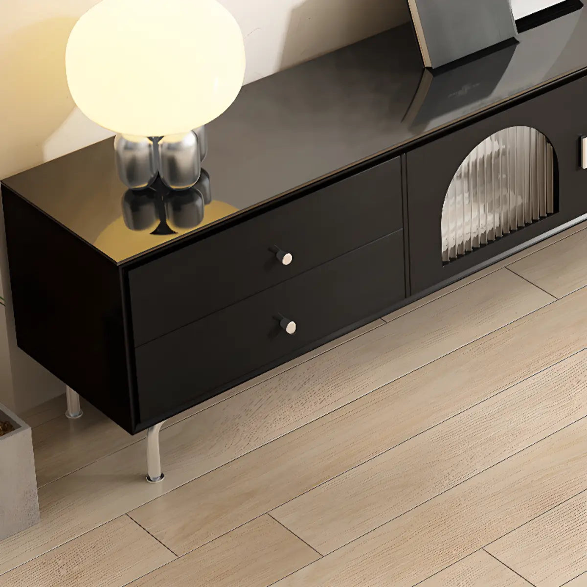Black Glass Cabinet Drawers Rectangular TV Stand Image - 7