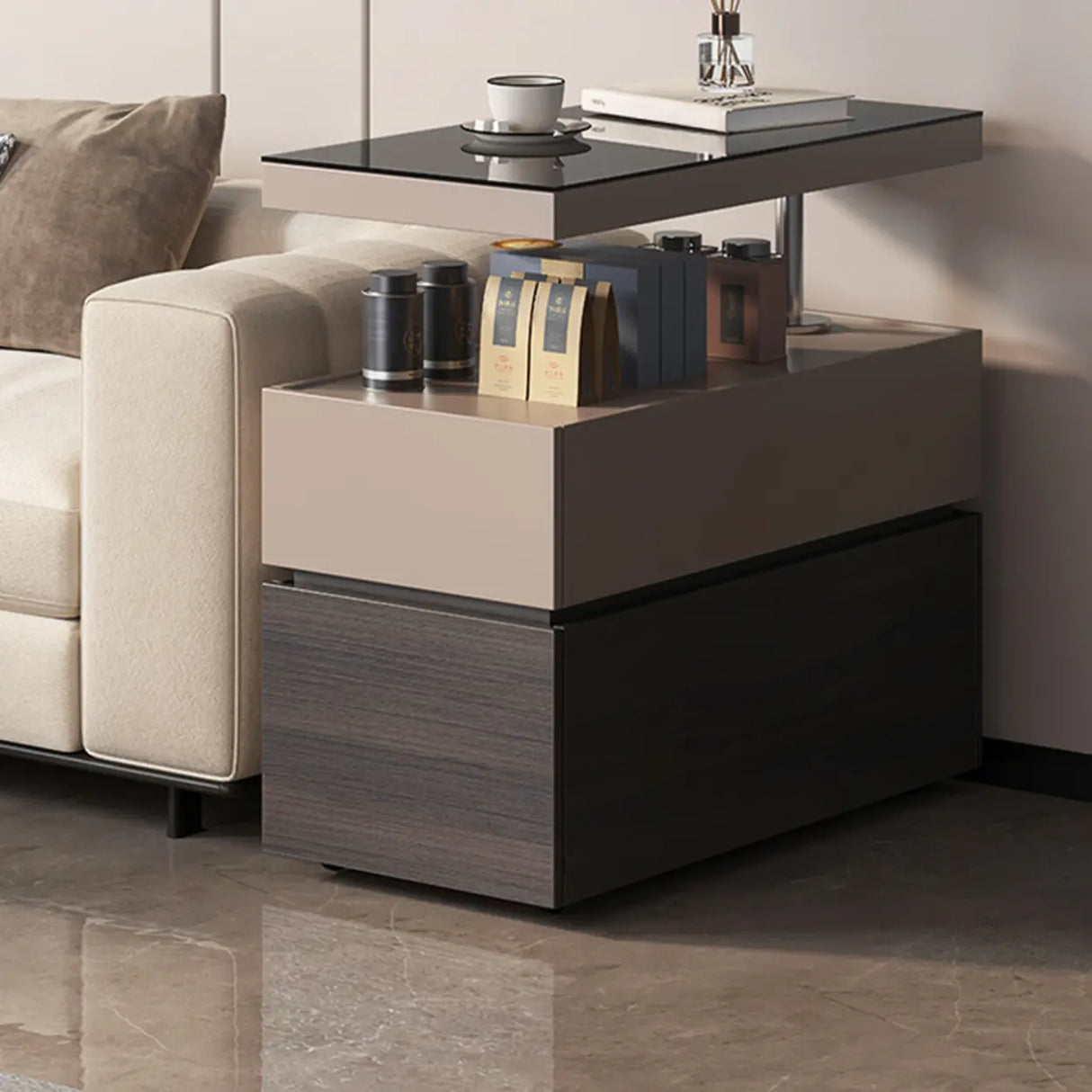 Black Glass Lift Top Storage Coffee Table with Wheel Image - 8