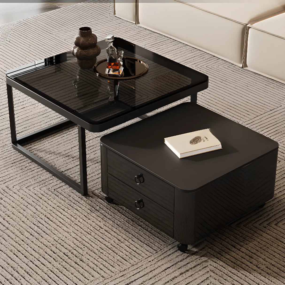 Black Glass Square Storage Nesting Tables with Casters Image - 1