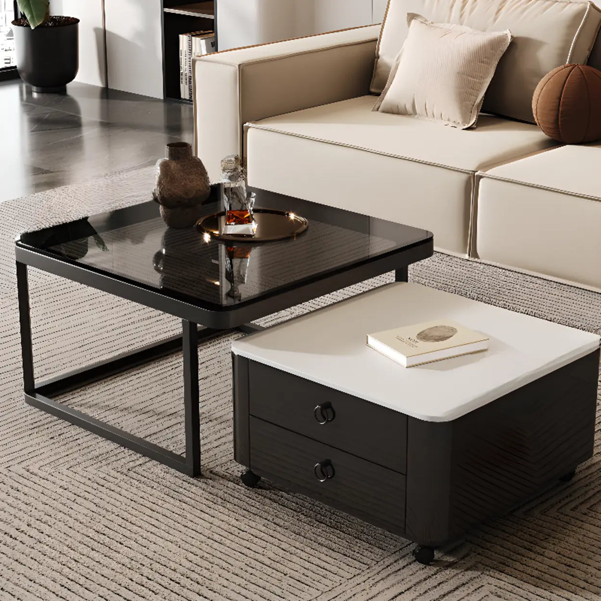 Black Glass Square Storage Nesting Tables with Casters Image - 2
