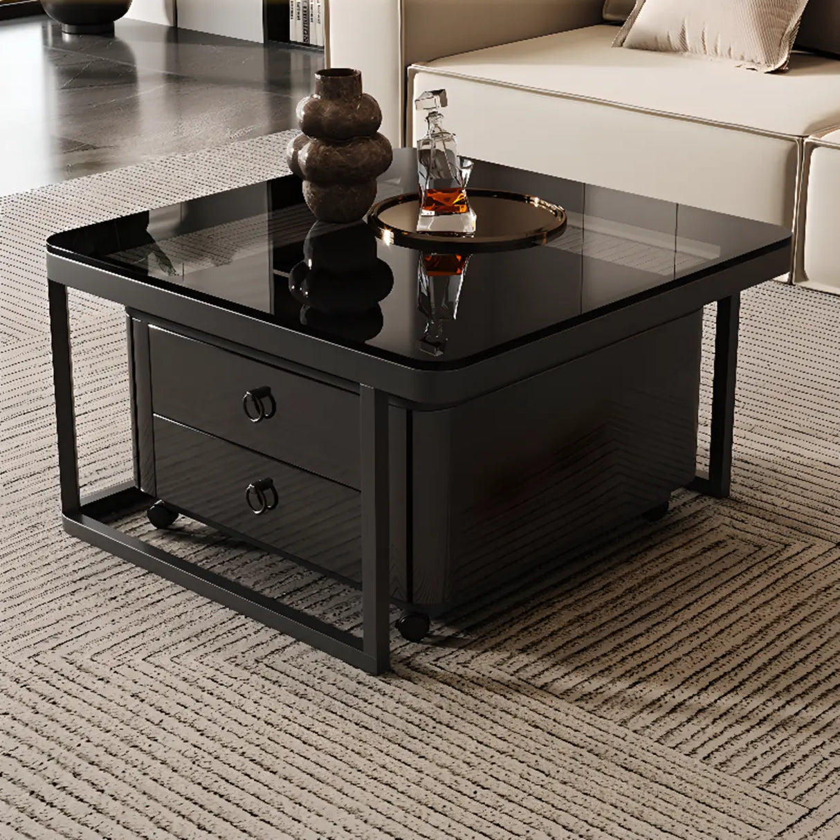 Black Glass Square Storage Nesting Tables with Casters Image - 4