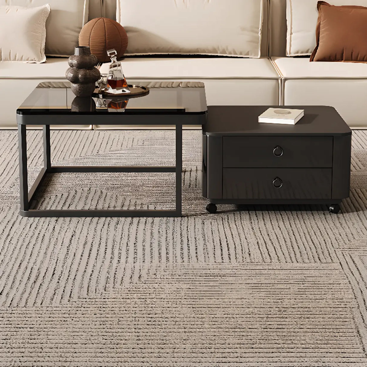 Black Glass Square Storage Nesting Tables with Casters Image - 6