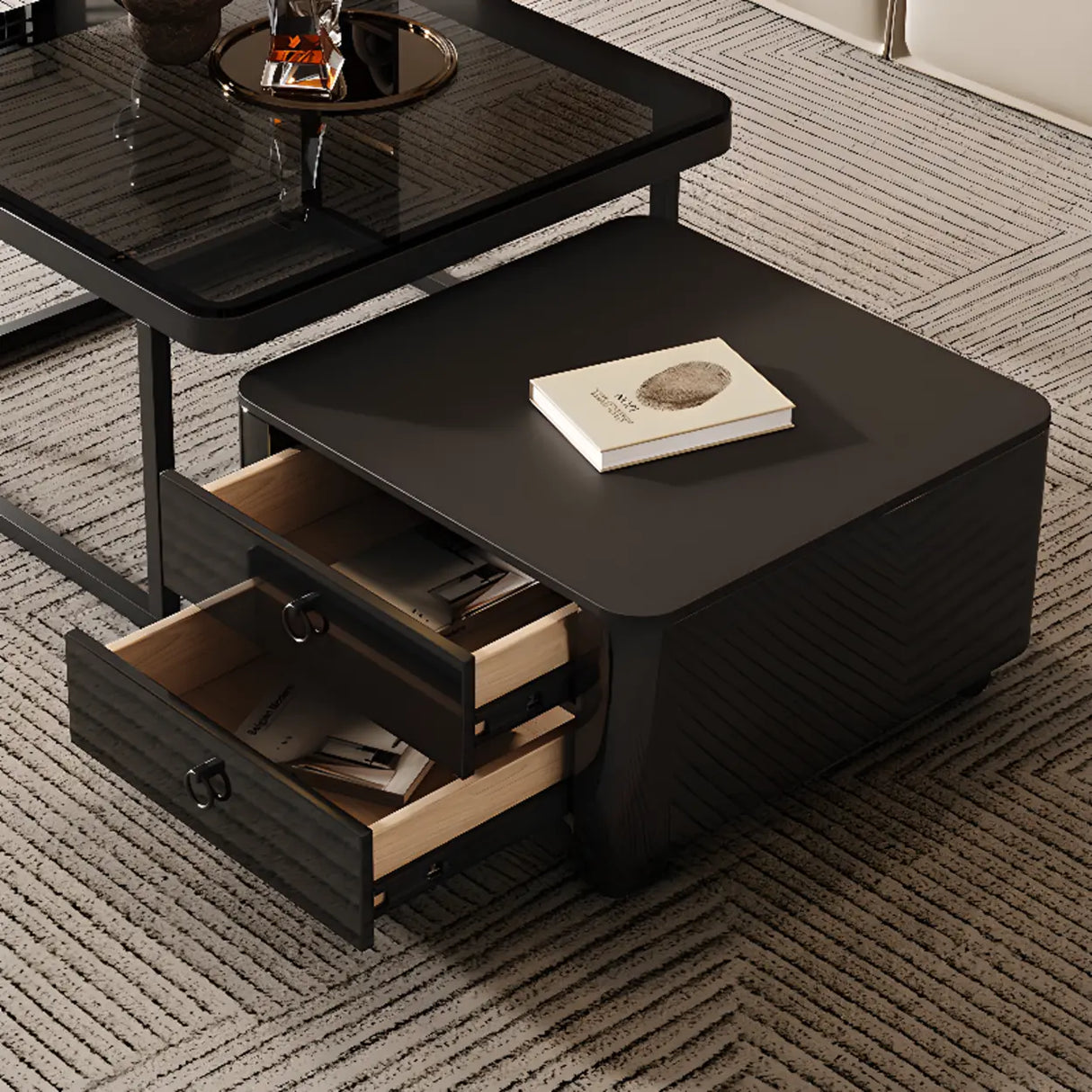 Black Glass Square Storage Nesting Tables with Casters Image - 7