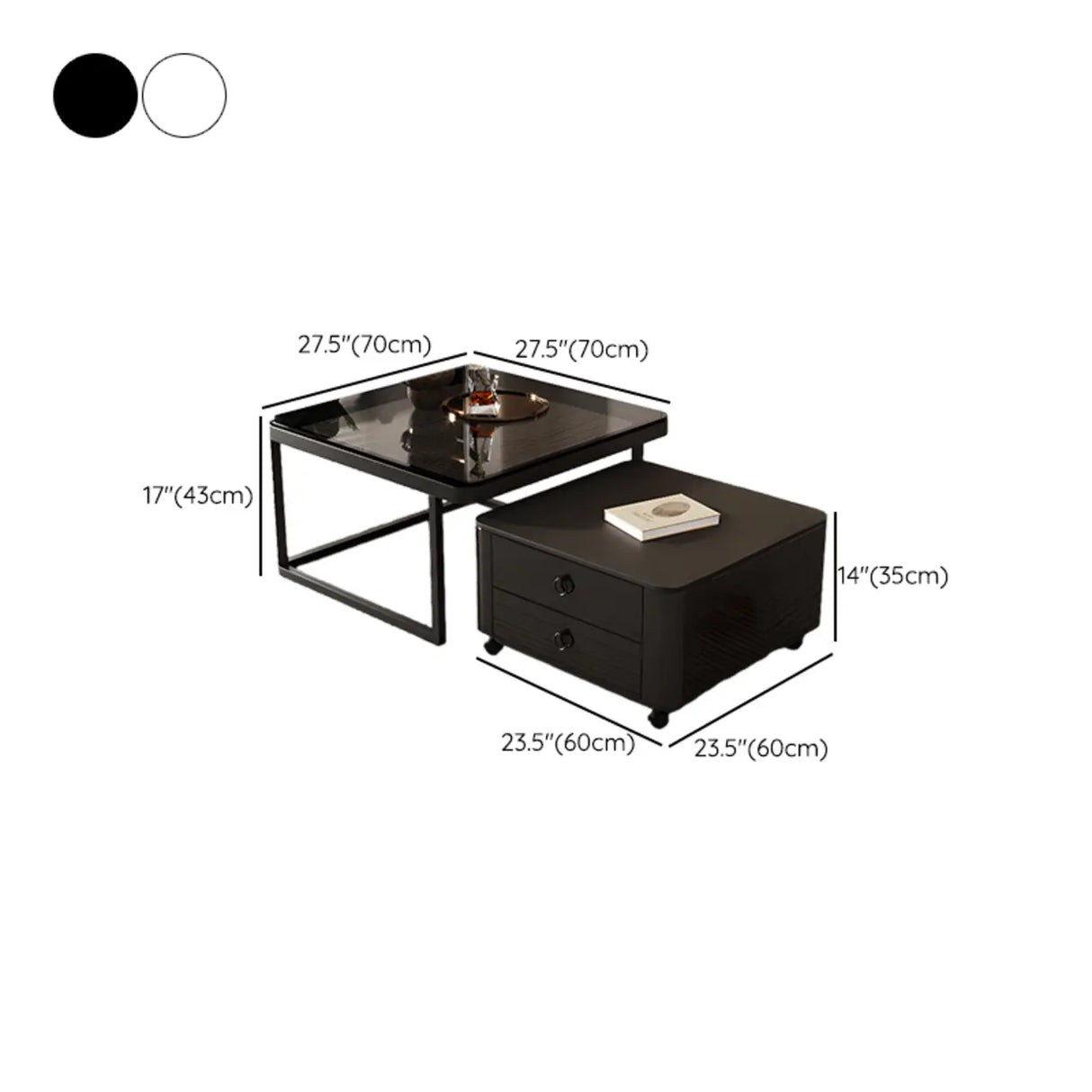 Black Glass Square Storage Nesting Tables with Casters