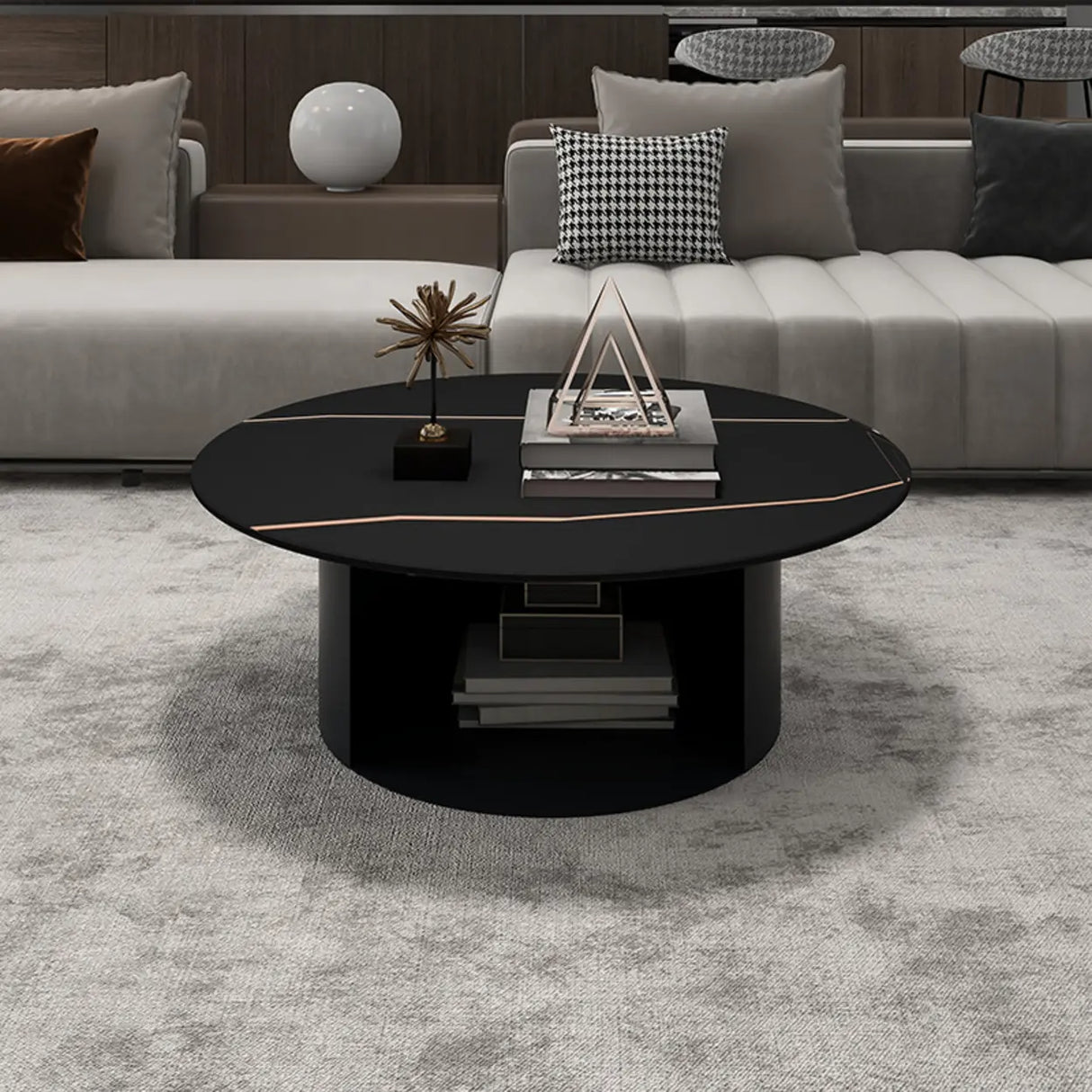Black Glass Top Nesting Round Coffee Table with Storage Image - 7