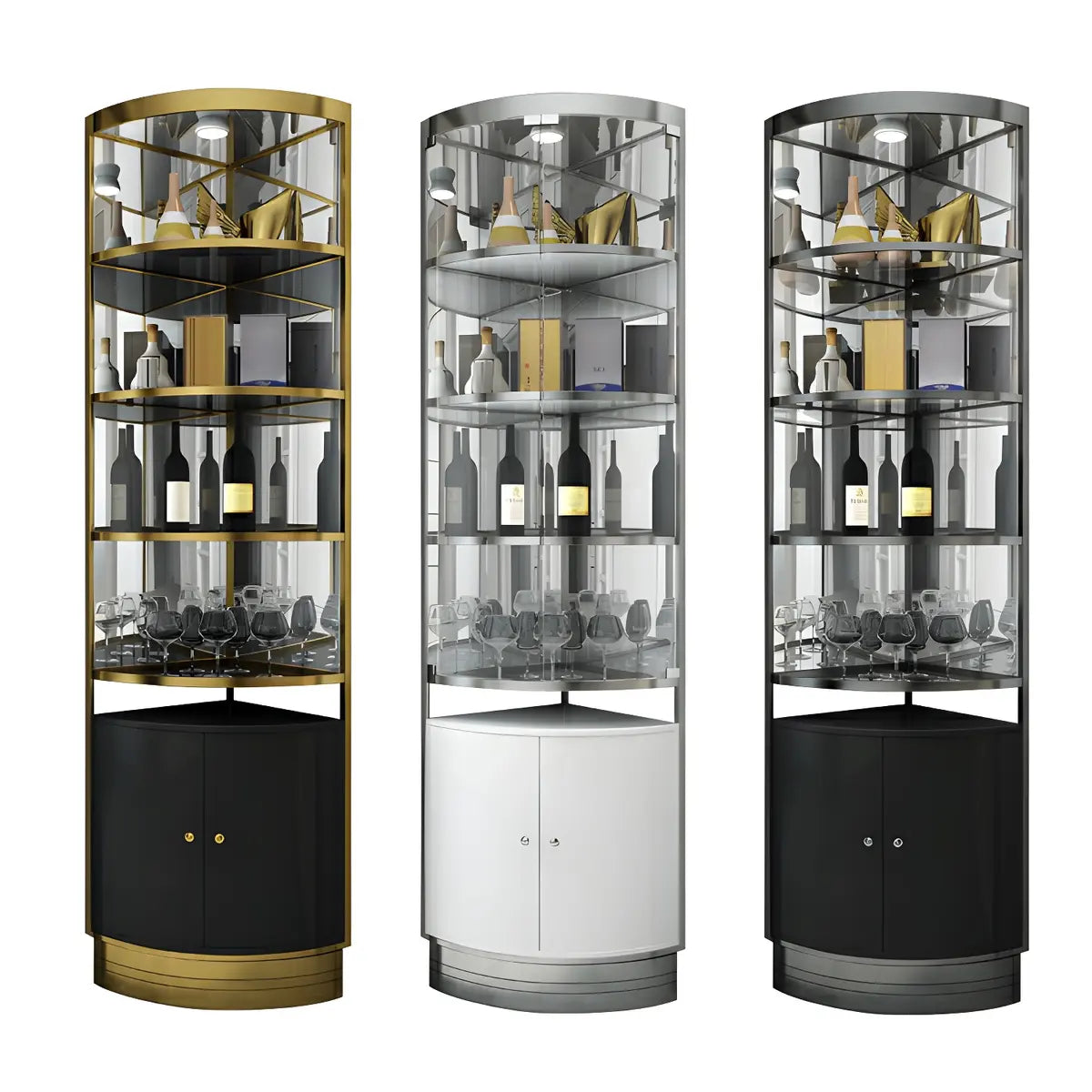 Black Gold Arc Glass Tall Display Corner Wine Cabinet Image - 10