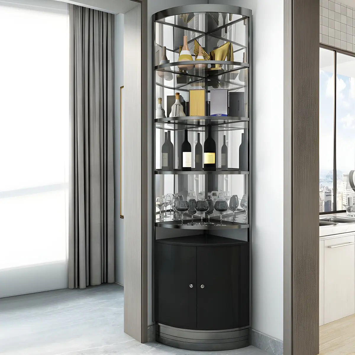 Black Gold Arc Glass Tall Display Corner Wine Cabinet Image - 11
