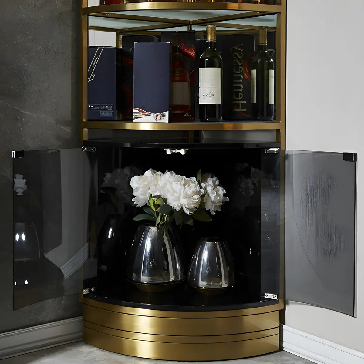 Black Gold Arc Glass Tall Display Corner Wine Cabinet Image - 15