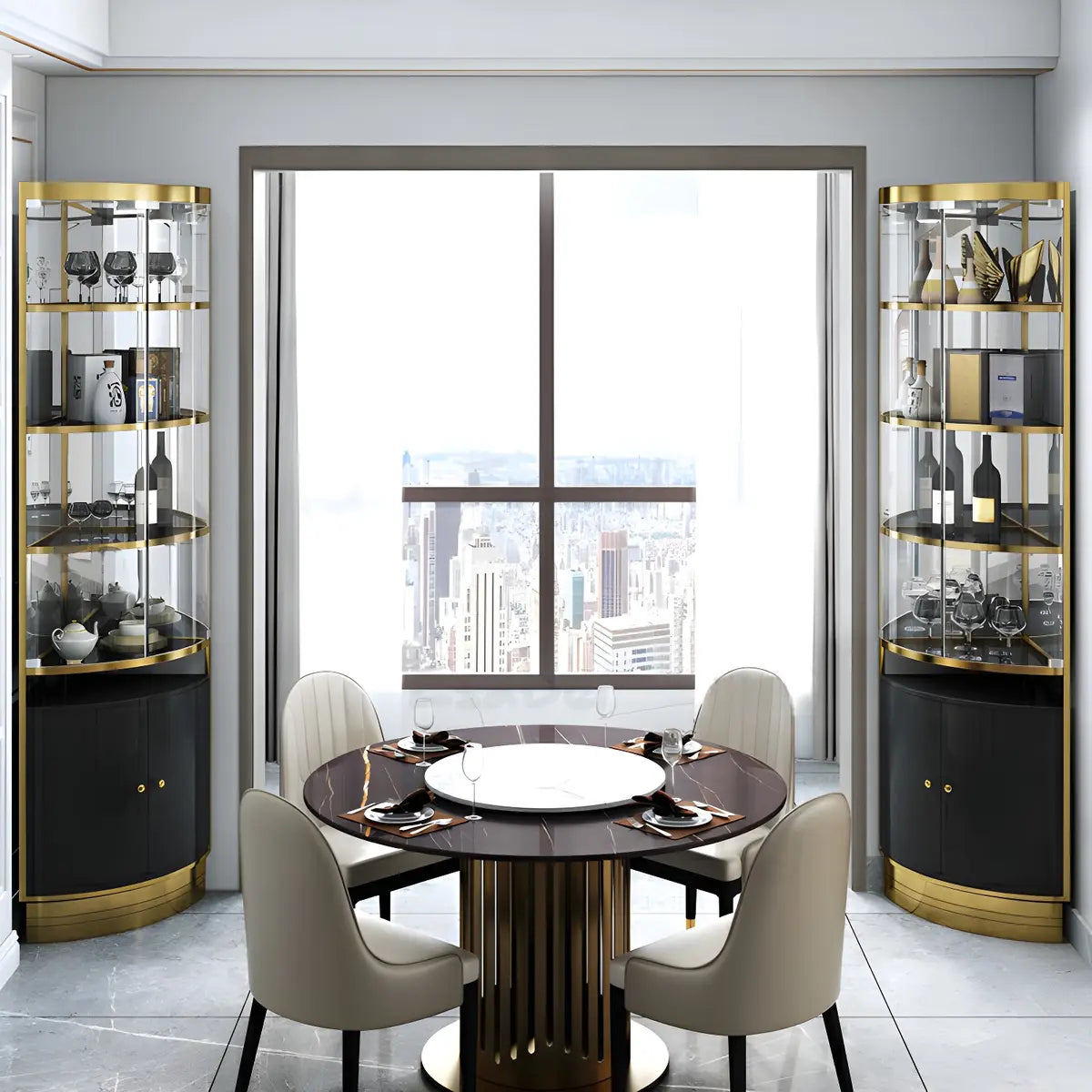 Black Gold Arc Glass Tall Display Corner Wine Cabinet Image - 3