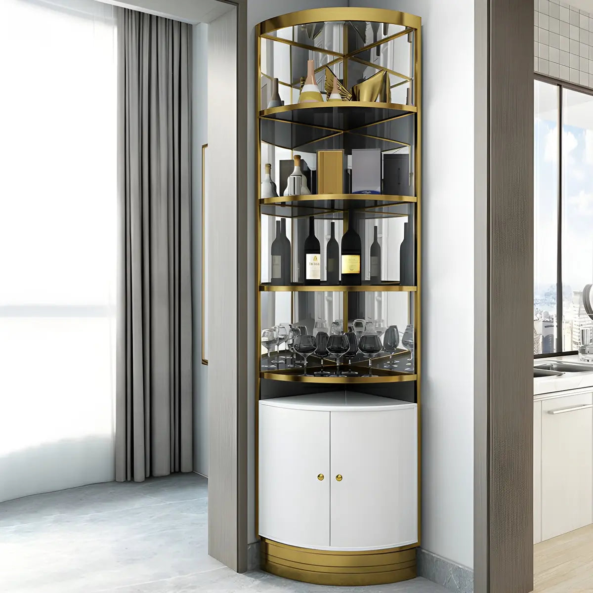 Black Gold Arc Glass Tall Display Corner Wine Cabinet Image - 4