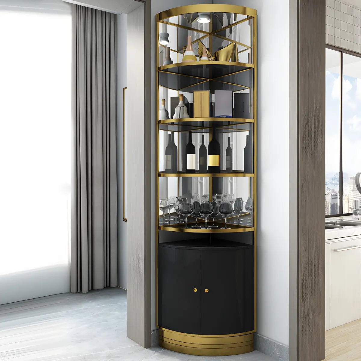 Black Gold Arc Glass Tall Display Corner Wine Cabinet Image - 6