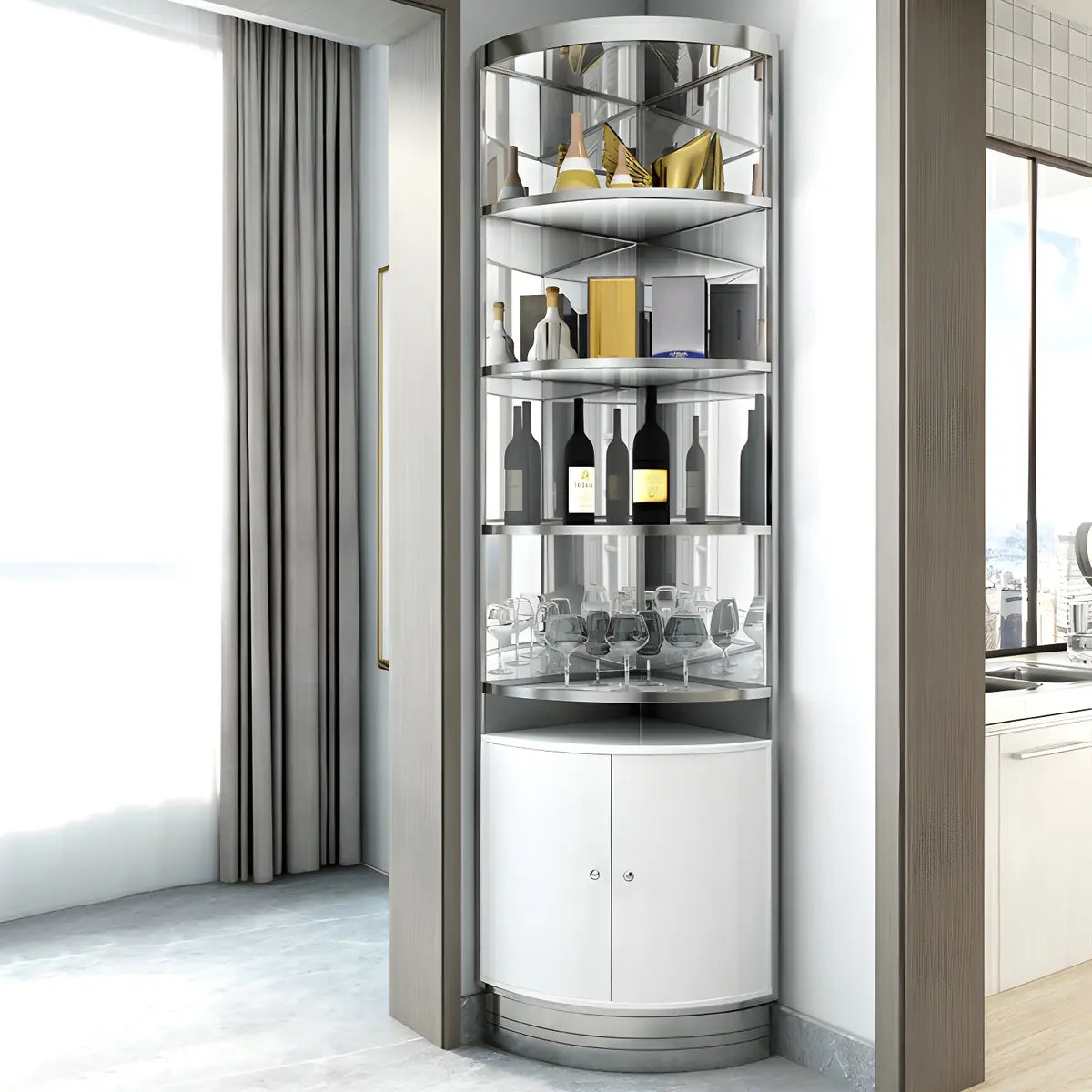 Black Gold Arc Glass Tall Display Corner Wine Cabinet Image - 7