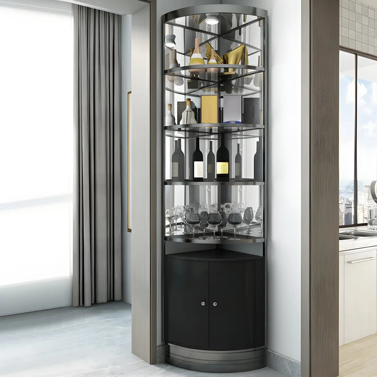Black Gold Arc Glass Tall Display Corner Wine Cabinet Image - 9