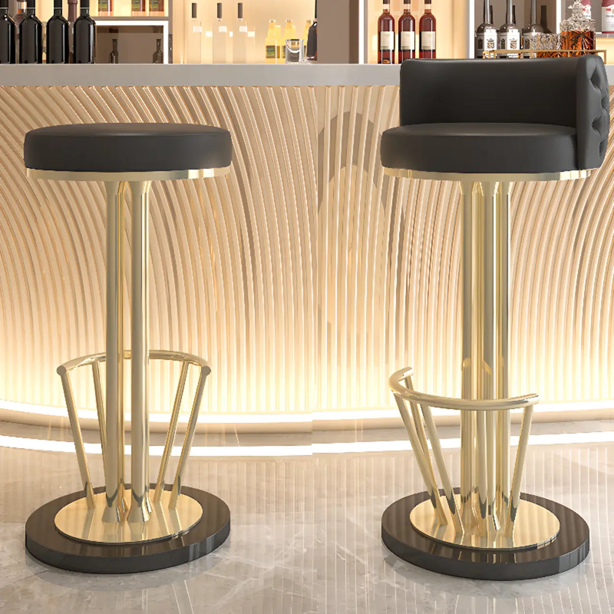 Black-Gold Round Leather Metal Pedestal Bar Stools Image - 1