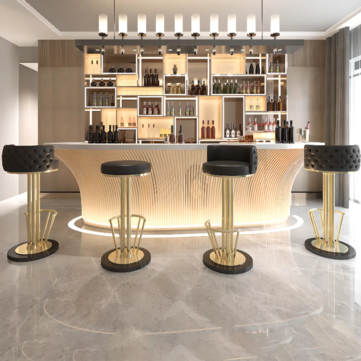 Black-Gold Round Leather Metal Pedestal Bar Stools Image - 3