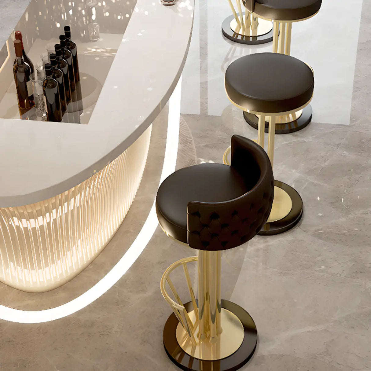 Black-Gold Round Leather Metal Pedestal Bar Stools Image - 4