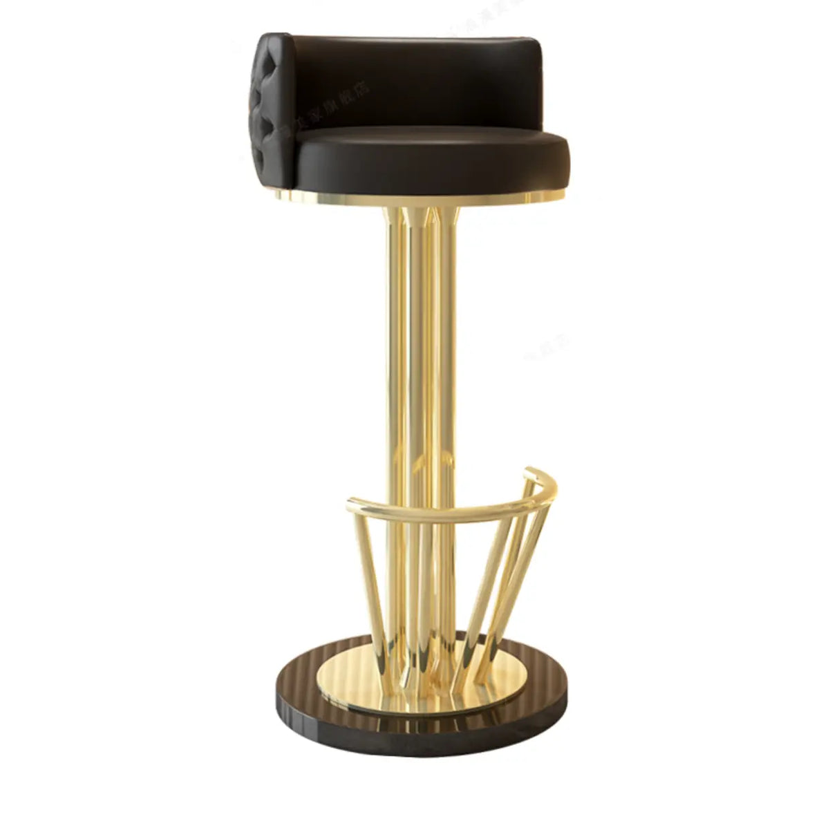 Black-Gold Round Leather Metal Pedestal Bar Stools Image - 5