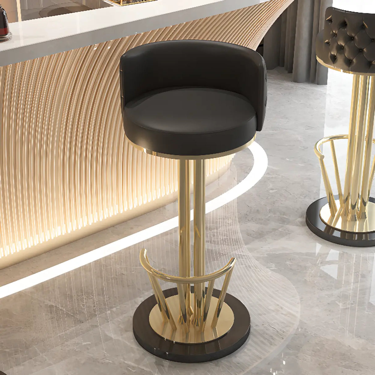 Black-Gold Round Leather Metal Pedestal Bar Stools Image - 6