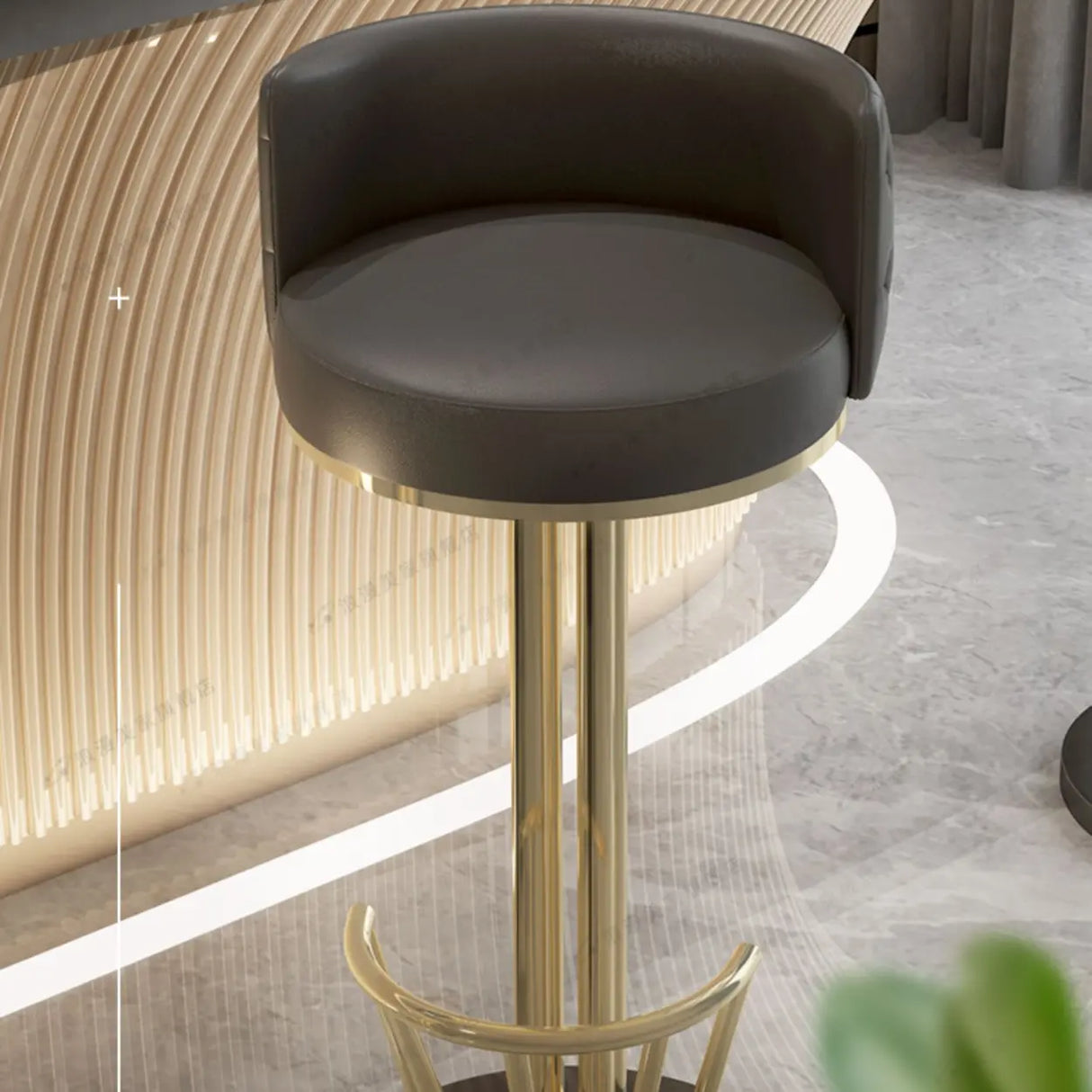 Black-Gold Round Leather Metal Pedestal Bar Stools Image - 7