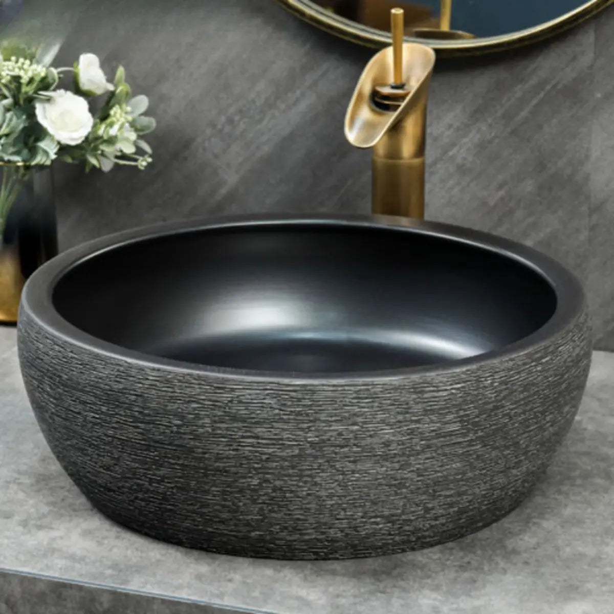 Black Gray Oval Ceramic Hand Carved Vessel Sink Image - 25