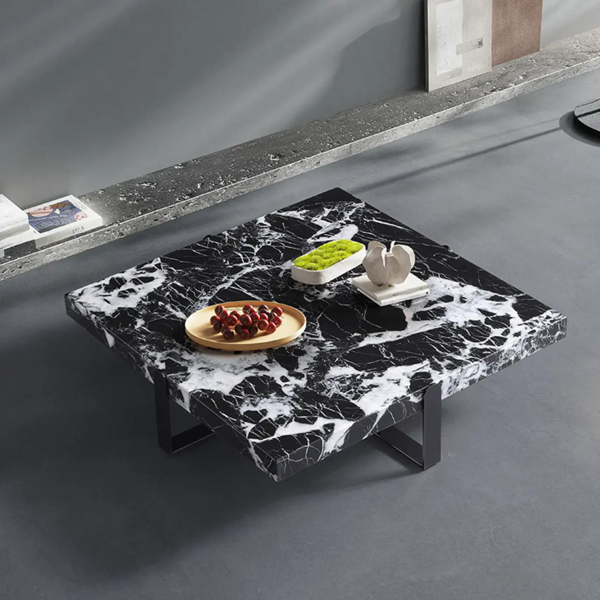 Black Green Square Marble Stainless Steel Coffee Table Image - 2