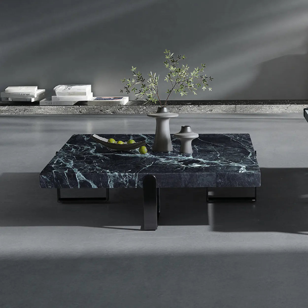 Black Green Square Marble Stainless Steel Coffee Table Image - 7