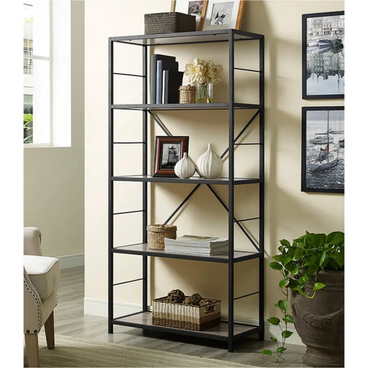 Black Iron Industrial Open Multi-Size Storage Bookshelf Image - 1