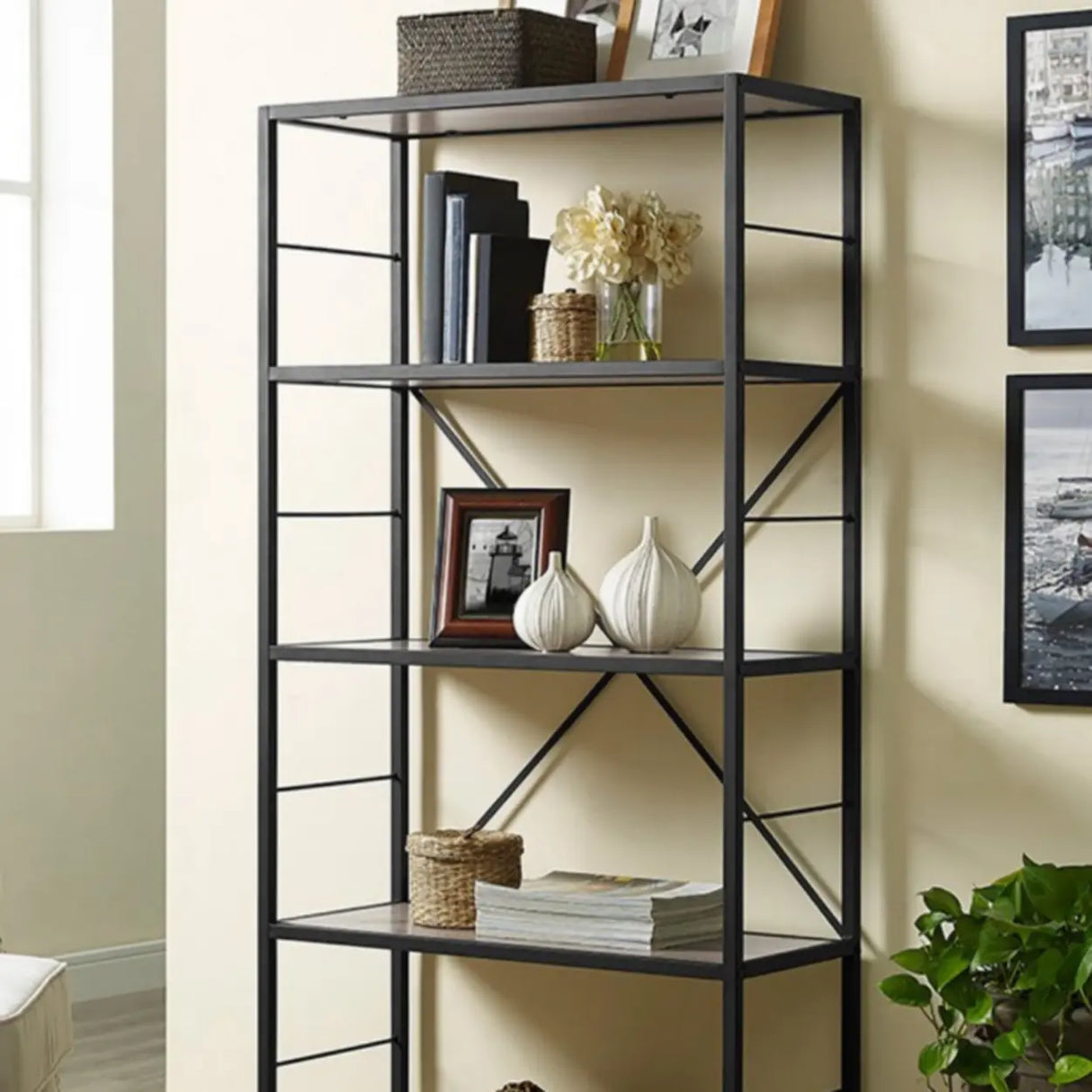 Black Iron Industrial Open Multi-Size Storage Bookshelf Image - 6