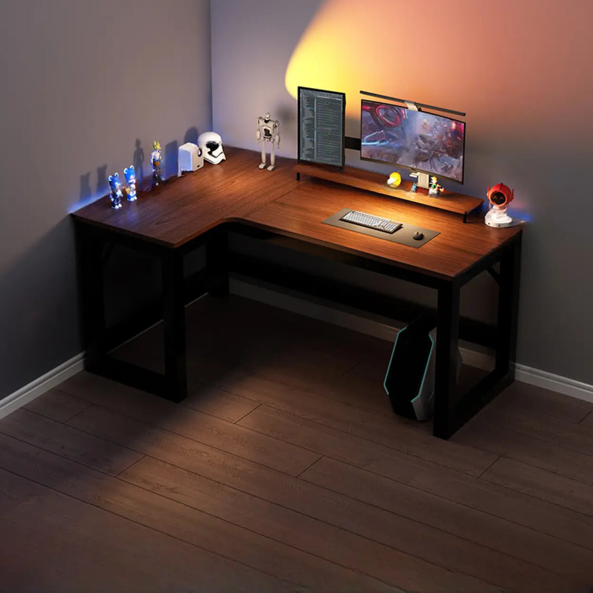 Black L-Shape Wooden Gaming Desk with Cord Management Image - 11