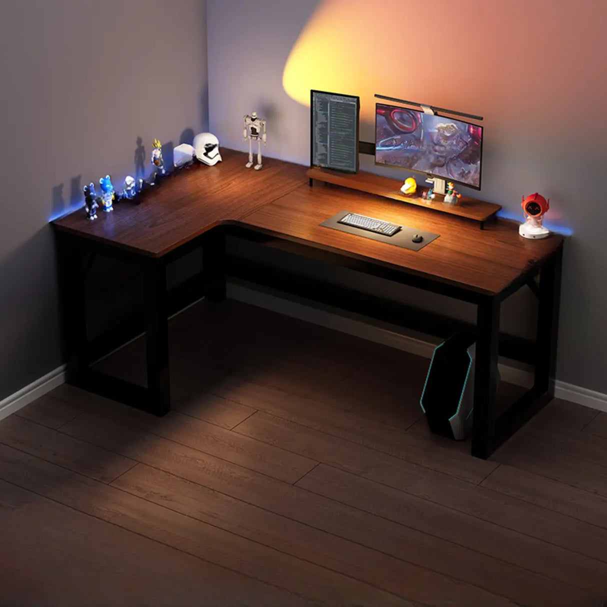 Black L-Shape Wooden Gaming Desk with Cord Management Image - 12