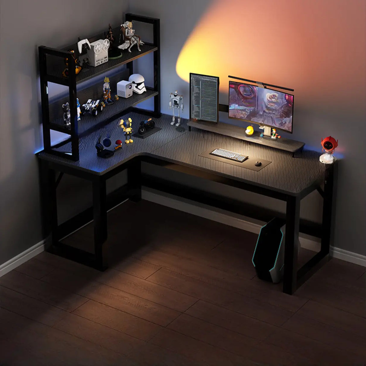 Black L-Shape Wooden Gaming Desk with Cord Management Image - 16
