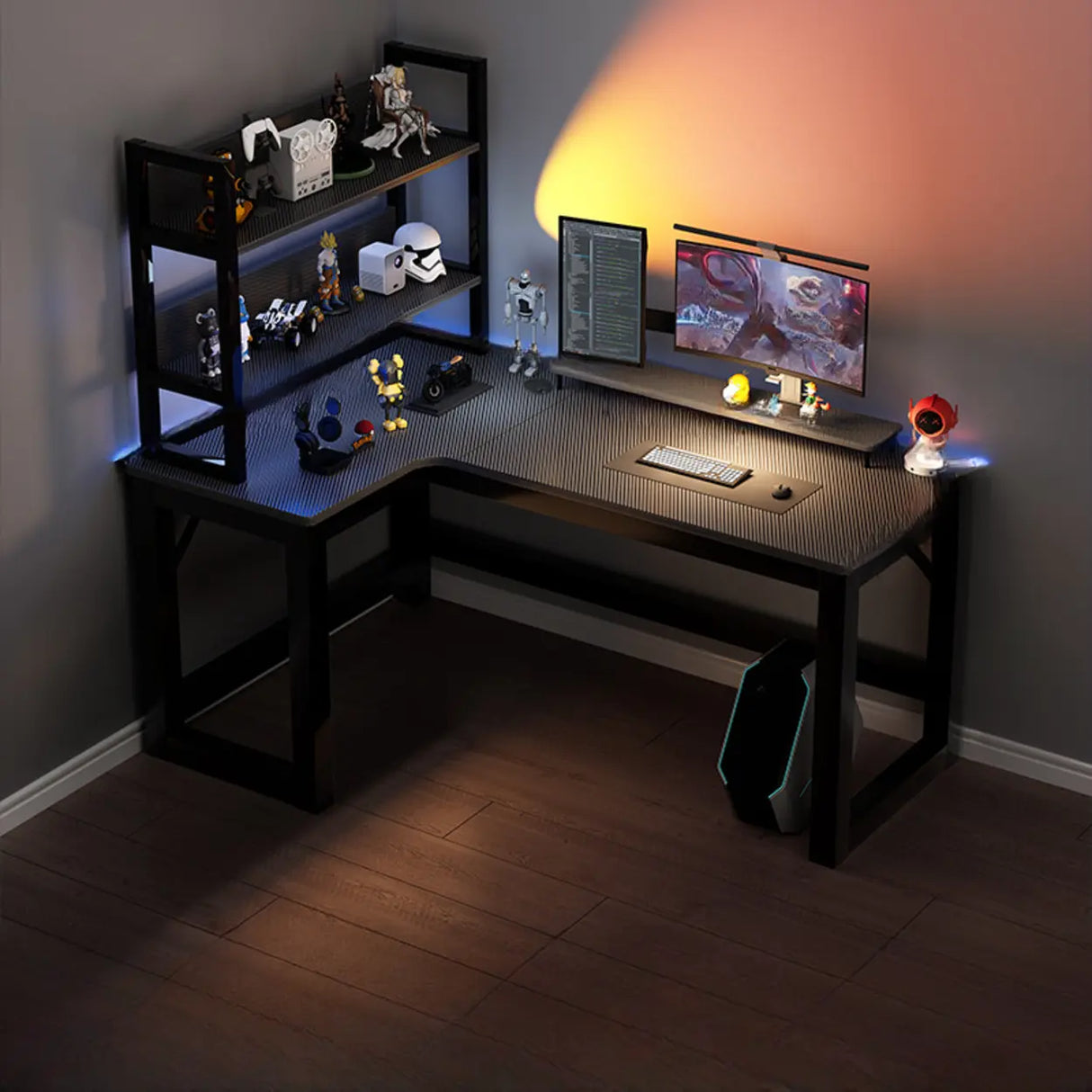 Black L-Shape Wooden Gaming Desk with Cord Management Image - 17