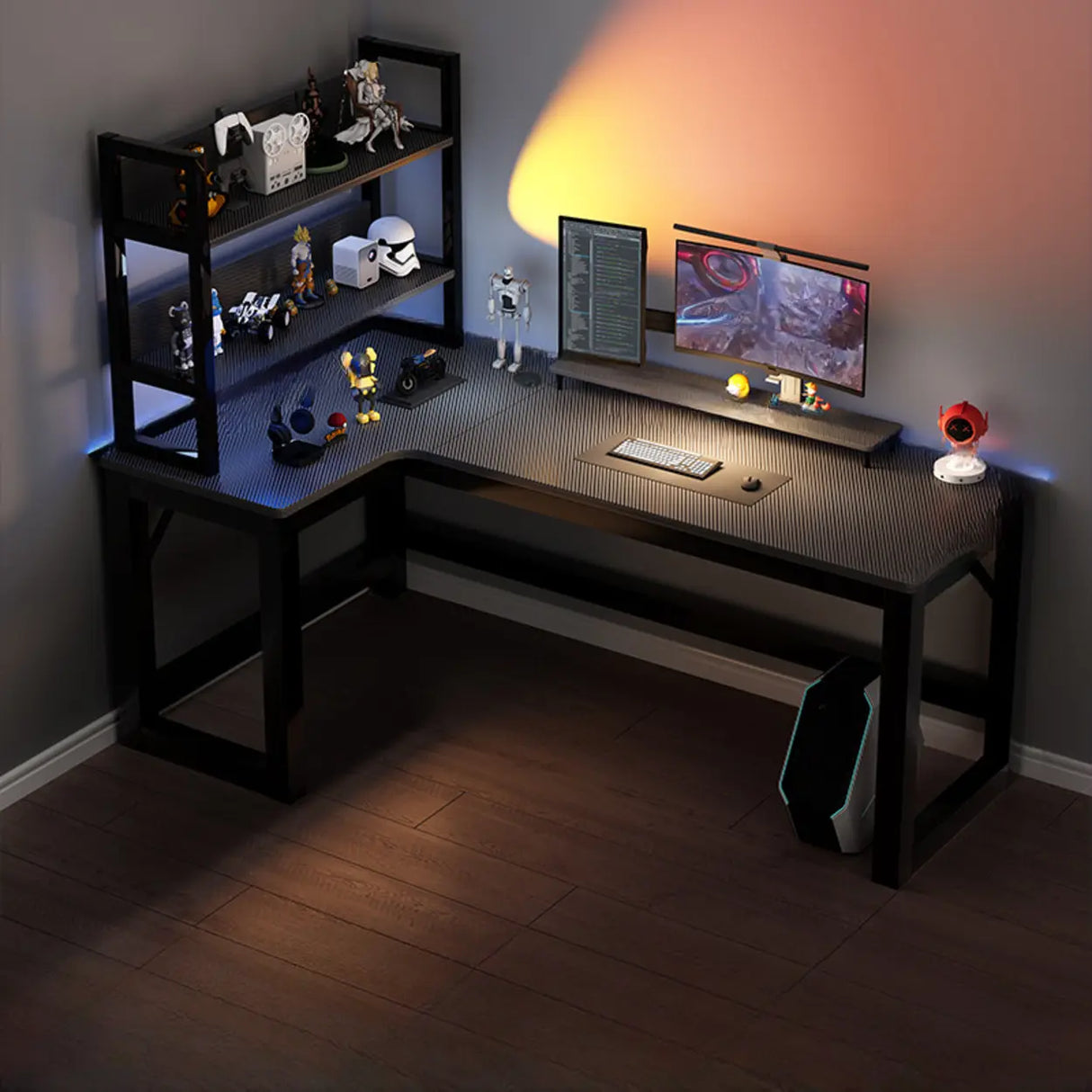 Black L-Shape Wooden Gaming Desk with Cord Management Image - 18