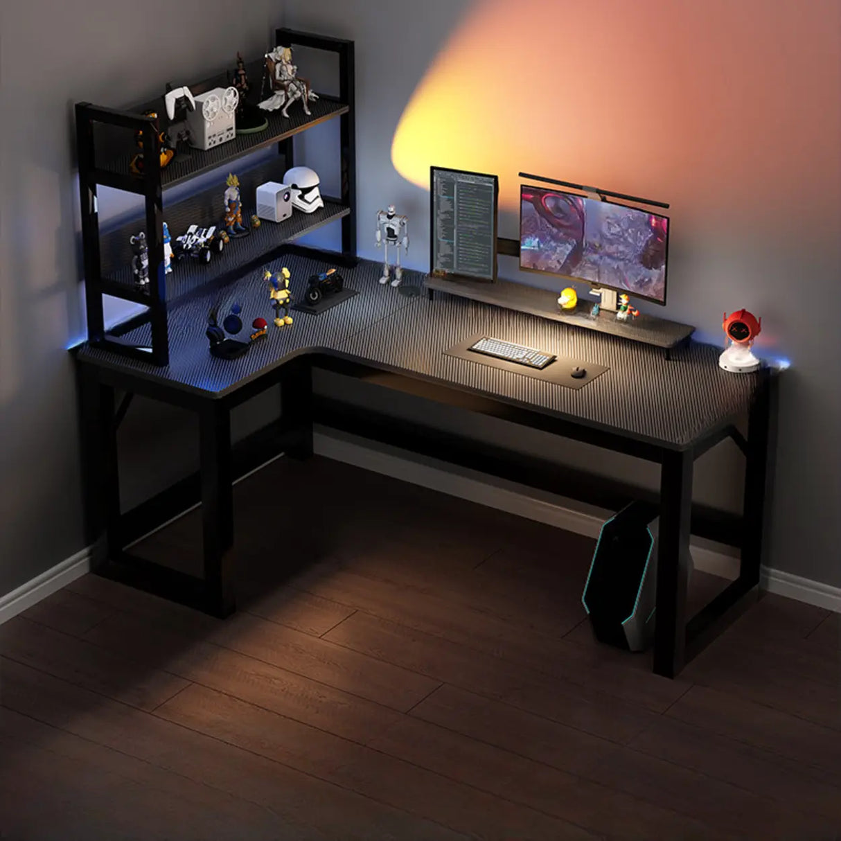 Black L-Shape Wooden Gaming Desk with Cord Management Image - 19