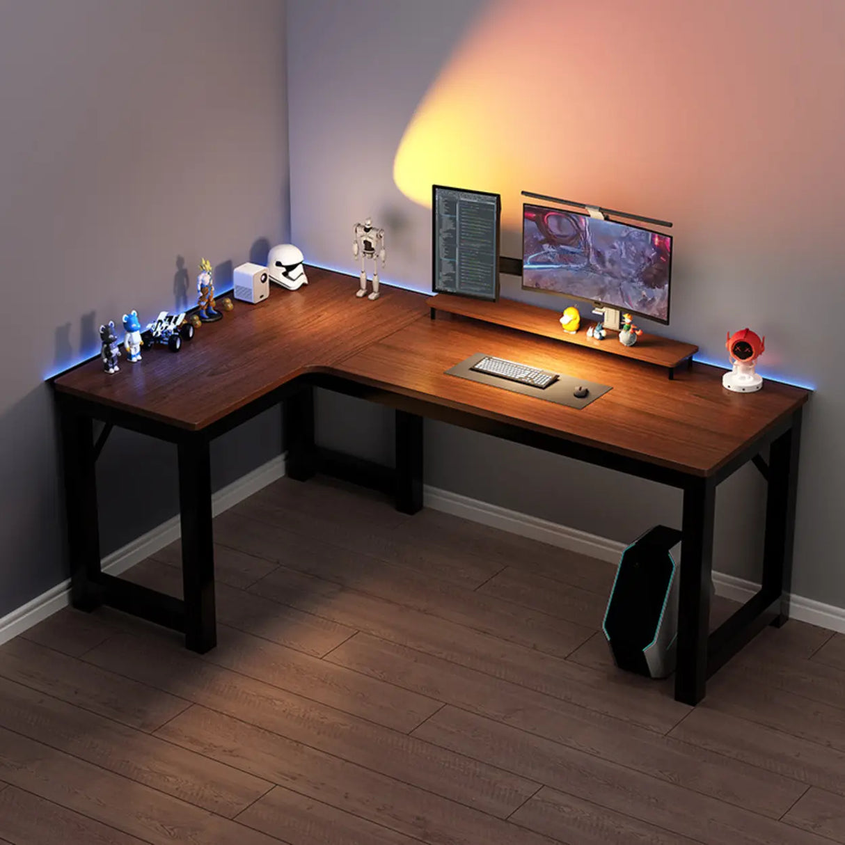 Black L-Shape Wooden Gaming Desk with Cord Management Image - 1