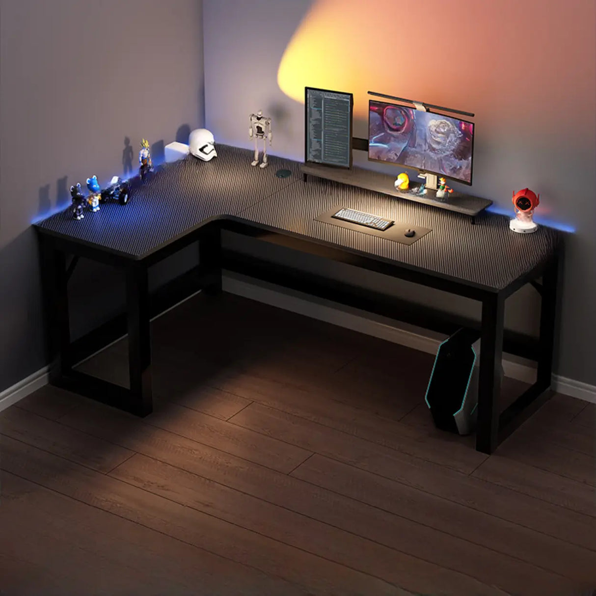 Black L-Shape Wooden Gaming Desk with Cord Management Image - 21