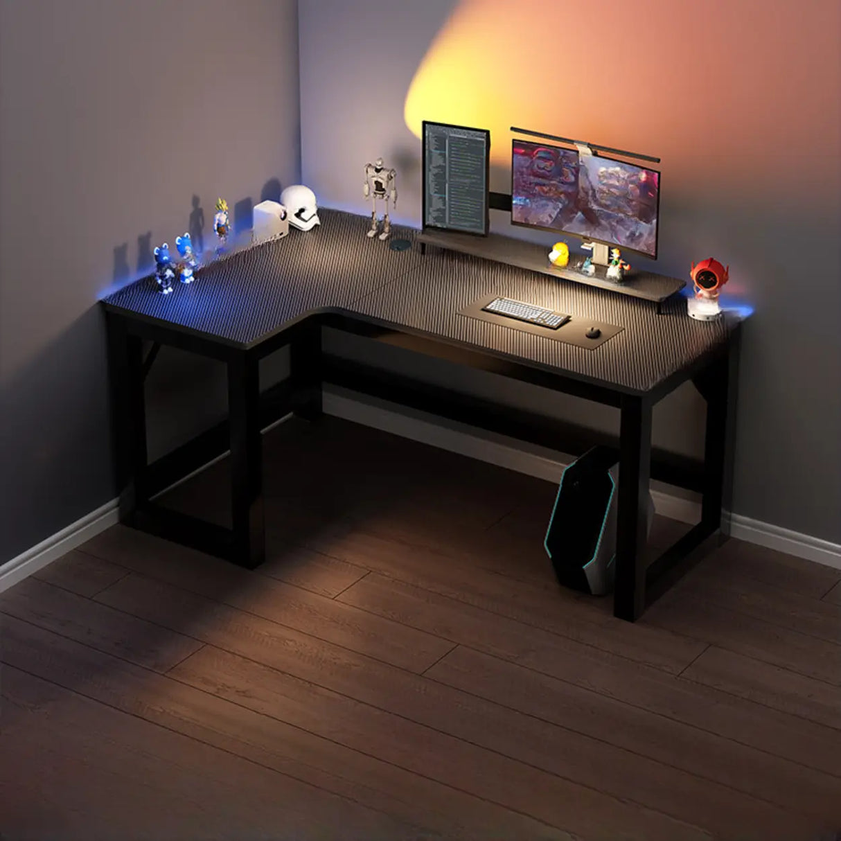 Black L-Shape Wooden Gaming Desk with Cord Management Image - 22