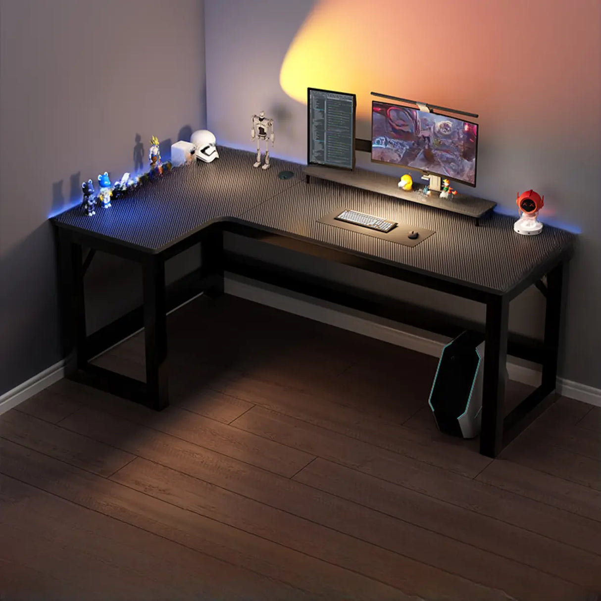 Black L-Shape Wooden Gaming Desk with Cord Management Image - 23