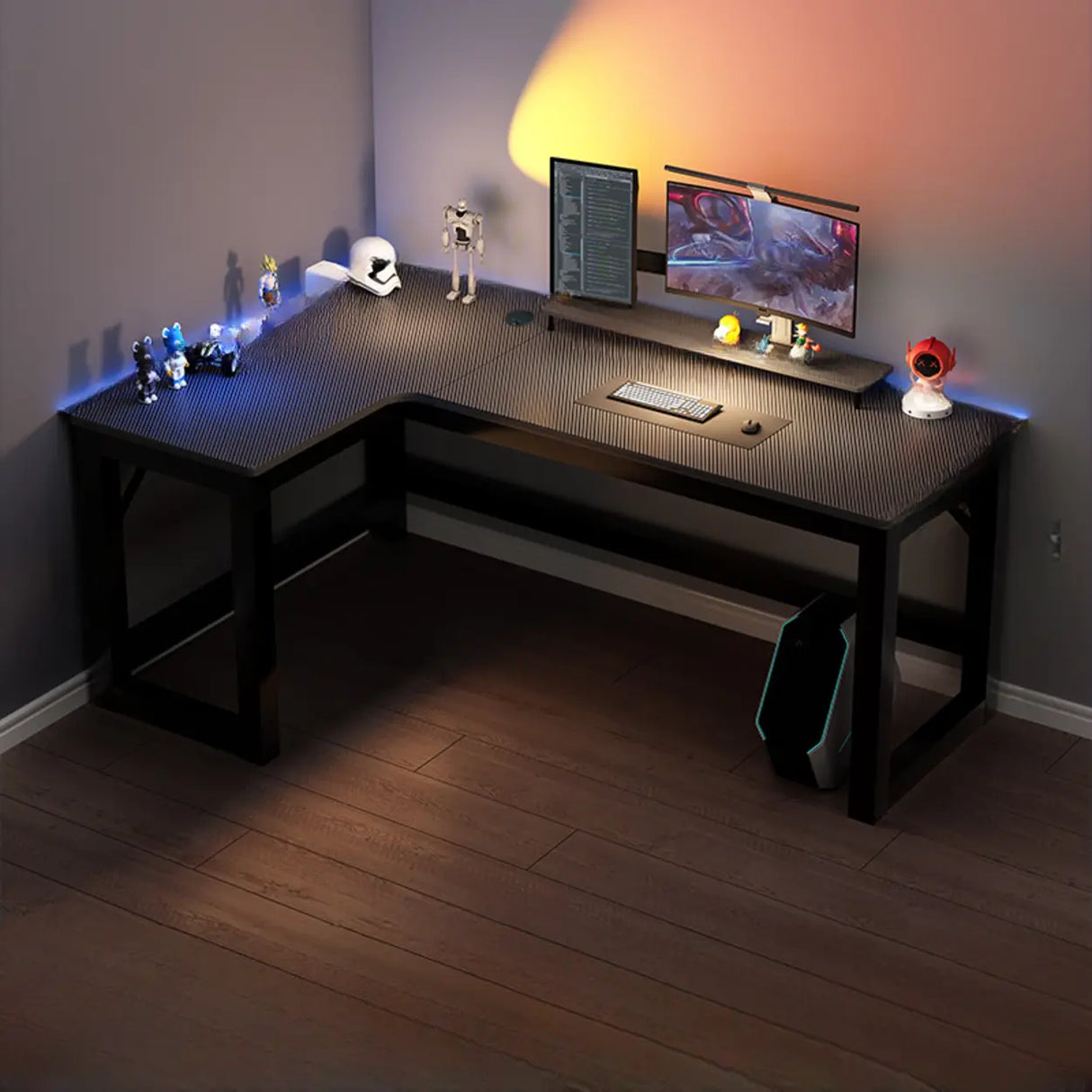 Black L-Shape Wooden Gaming Desk with Cord Management Image - 24