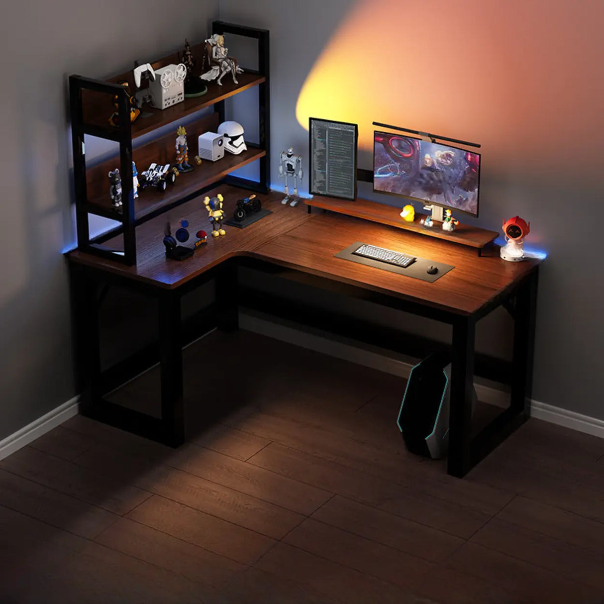 Black L-Shape Wooden Gaming Desk with Cord Management Image - 2