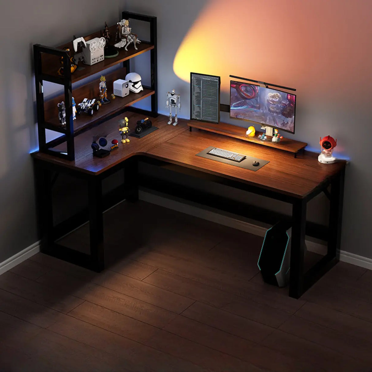 Black L-Shape Wooden Gaming Desk with Cord Management Image - 3